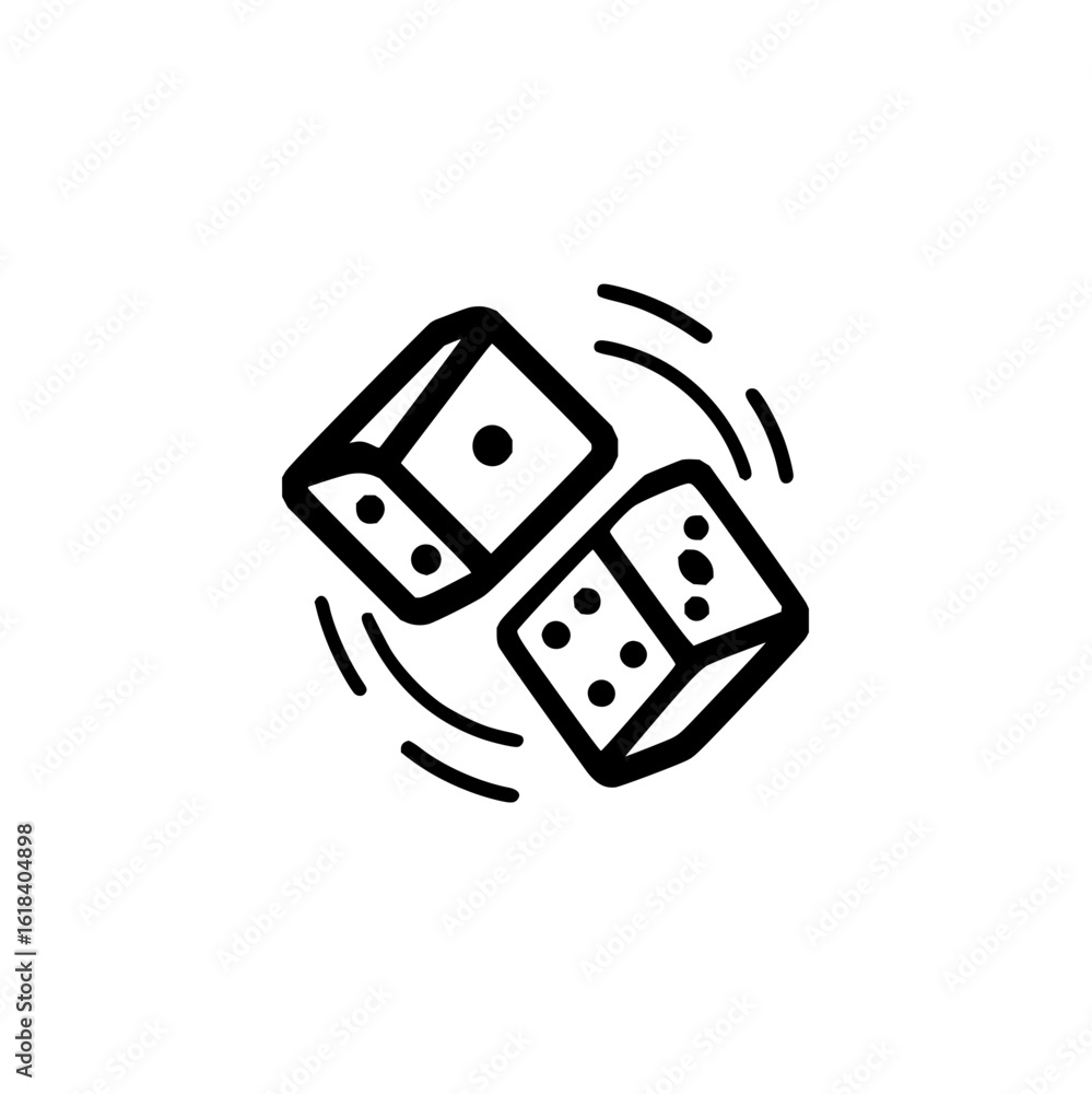 Poster two dice in black outline with circular motion lines around them indicating a rolling or tossing act
