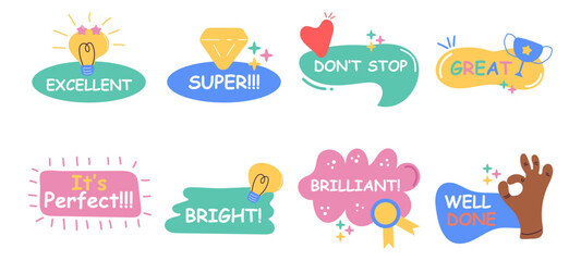Job and Great Job Stickers Set Vector Illustration Reward Labels and Positive Message Icons