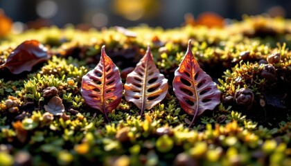 skeleton leaf patterns resting on damp moss surface glowing under soft filtered sunlight ideal for eco and wellness branding