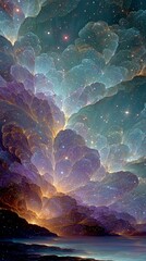 Magical Cloudscape With Glowing Light and Stars Above Ocean in Dreamy Fantasy Night Sky Digital Illustration