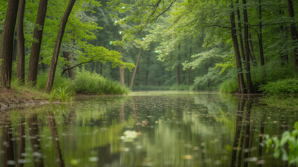Misty Forest Pond Reflecting Trees and Leaves