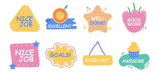 Job and Great Job Stickers Set Vector Illustration Reward Labels and Positive Message Icons