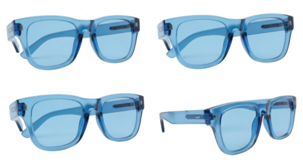 Transparent blue eyewear displaying different angles against a white background suitable for fashion marketing or product promotion