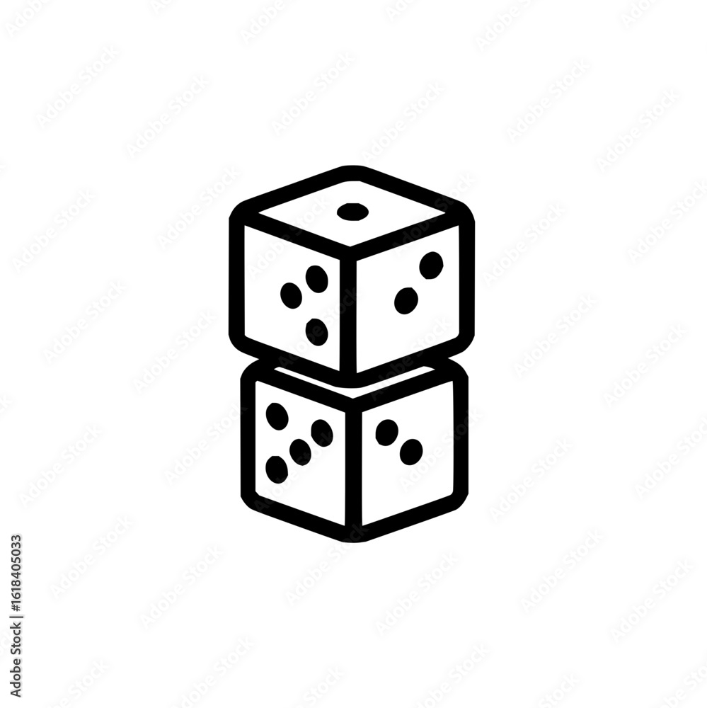 Poster two stacked dice showing different numbers of dots in a simple black and white vector illustration s