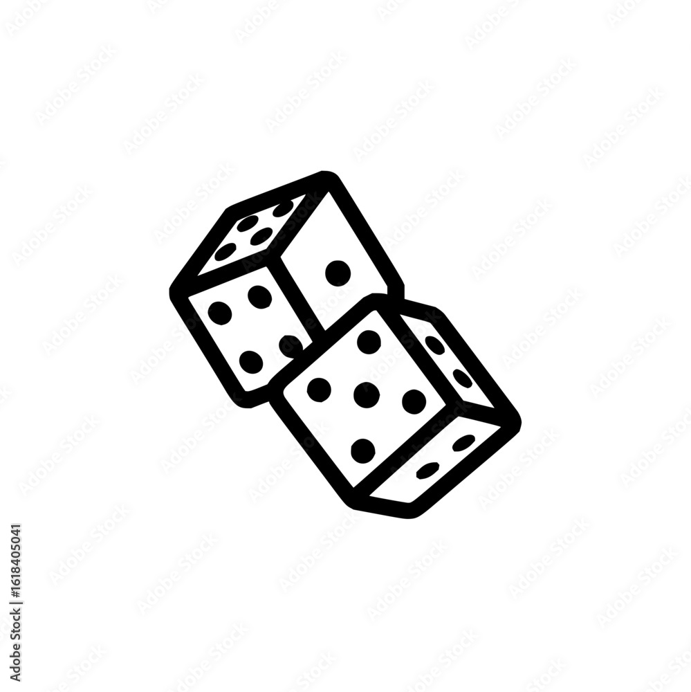 Poster two dice stacked diagonally with black outlines and spots indicating random numbers on each face sho