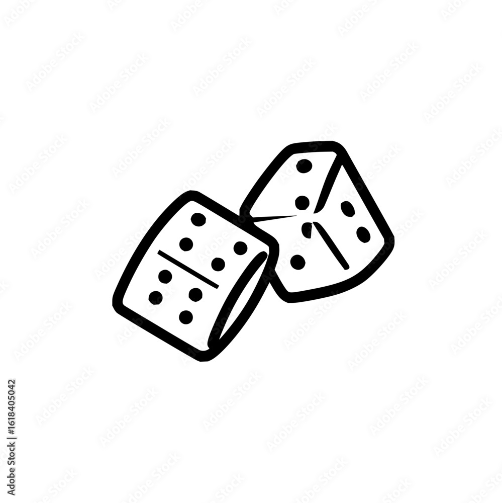 Poster illustration of two dice with different numbers of dots on each face in a simple black outline style