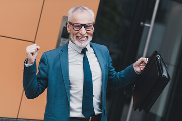 Confident professional elder man in formalwear standing outdoors with a briefcase amidst the modern...