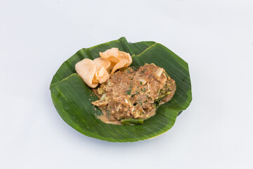 Healthy Fresh Lotek - Indonesian Mixed Vegetables & Tofu with Rich Peanut Dressing, Boiled Egg & Crackers. Isolated in White Background