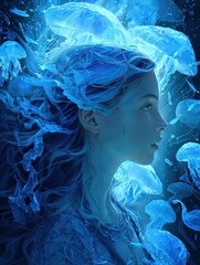 A dreamy underwater mermaid with long flowing hair surrounded by bioluminescent jellyfish, a mysterious ocean scene. Fantasy art style, highly detailed rendering, dreamy atmosphere