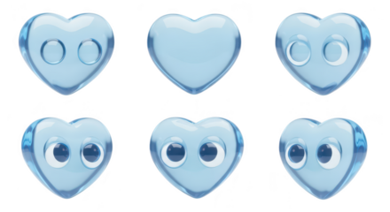 Transparent blue heart-shaped emoji icons with various eye expressions on a white background for social media love and communication