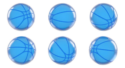 Set of six isolated blue basketballs various angles on white representing sports concepts and design elements