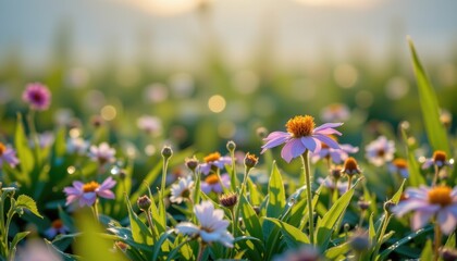dew soaked wildflowers glowing in early morning light symbolizing fresh seasonal beginnings and natural purity