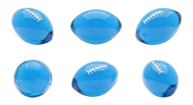 Six blue sports balls (rugby and soccer) in various angles against a white background great for sports design and concept visuals