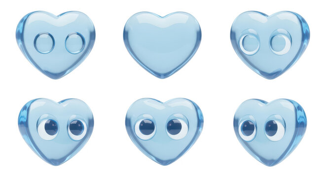 Transparent blue heart-shaped emoji icons with various eye expressions on a white background for social media love and communication