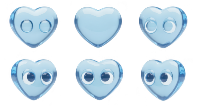 Transparent blue heart-shaped emoji icons with various eye expressions on a white background for social media love and communication