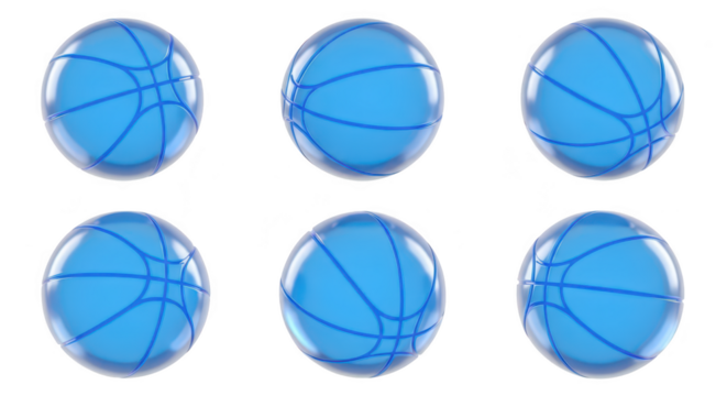 Set of six isolated blue basketballs various angles on white representing sports concepts and design elements