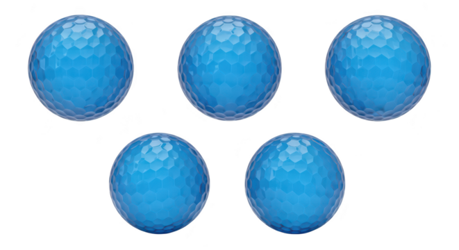 Five blue golf balls arranged isolated on white for sports recreation or design concepts