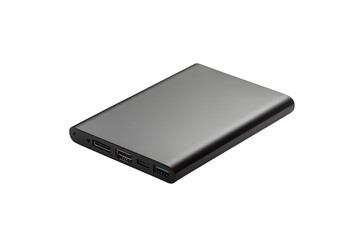 Modern gray portable external hard drive with multiple usb ports and hdmi isolated on transparent background