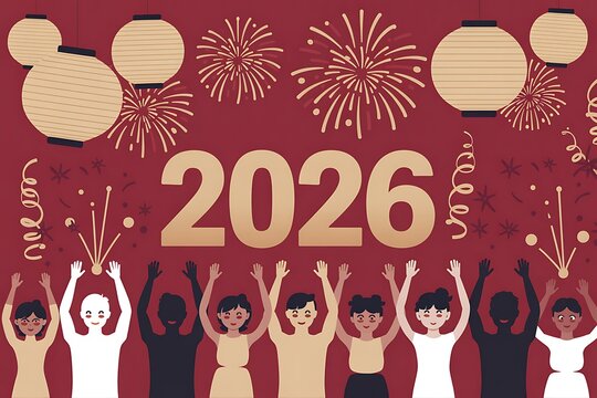 Joyful diverse group celebrates the arrival of 2026 with festive fireworks and glowing lanterns creating a vibrant atmosphere of hope and new beginnings