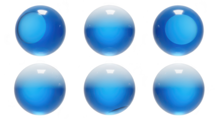 Six glossy blue spheres gradient effect isolated on white background for product mockups abstract designs and visual elements