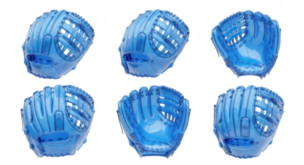 Blue baseball glove variations floating against a white background showcasing its form for sports equipment and design visuals