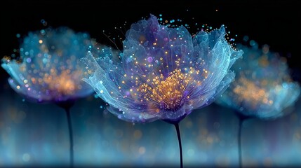 Glowing Fantasy Flowers With Magical Light Particles and Blue Petals in Digital Artwork on Dark Background