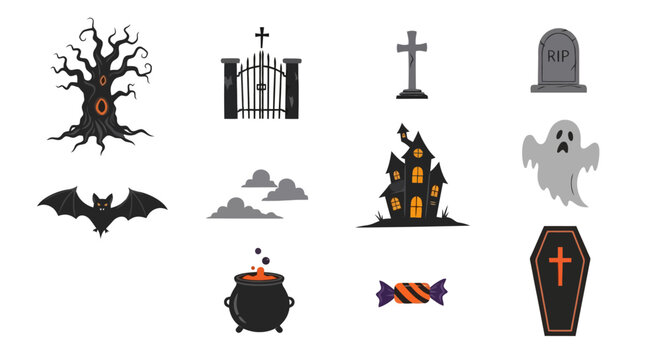 Spooky Halloween Vector Icons: Cemetery, Haunted House, and More