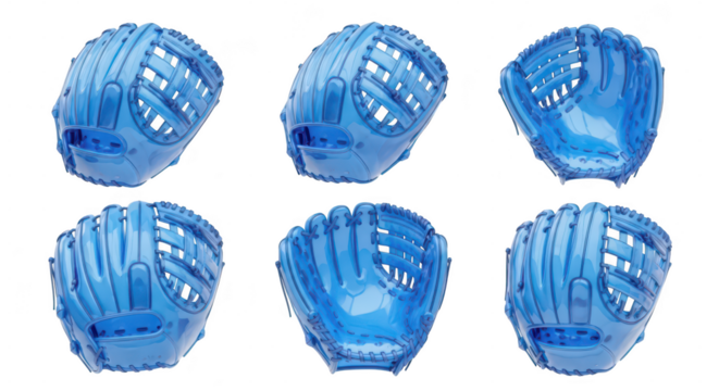 Blue baseball glove variations floating against a white background showcasing its form for sports equipment and design visuals - Powered by Adobe