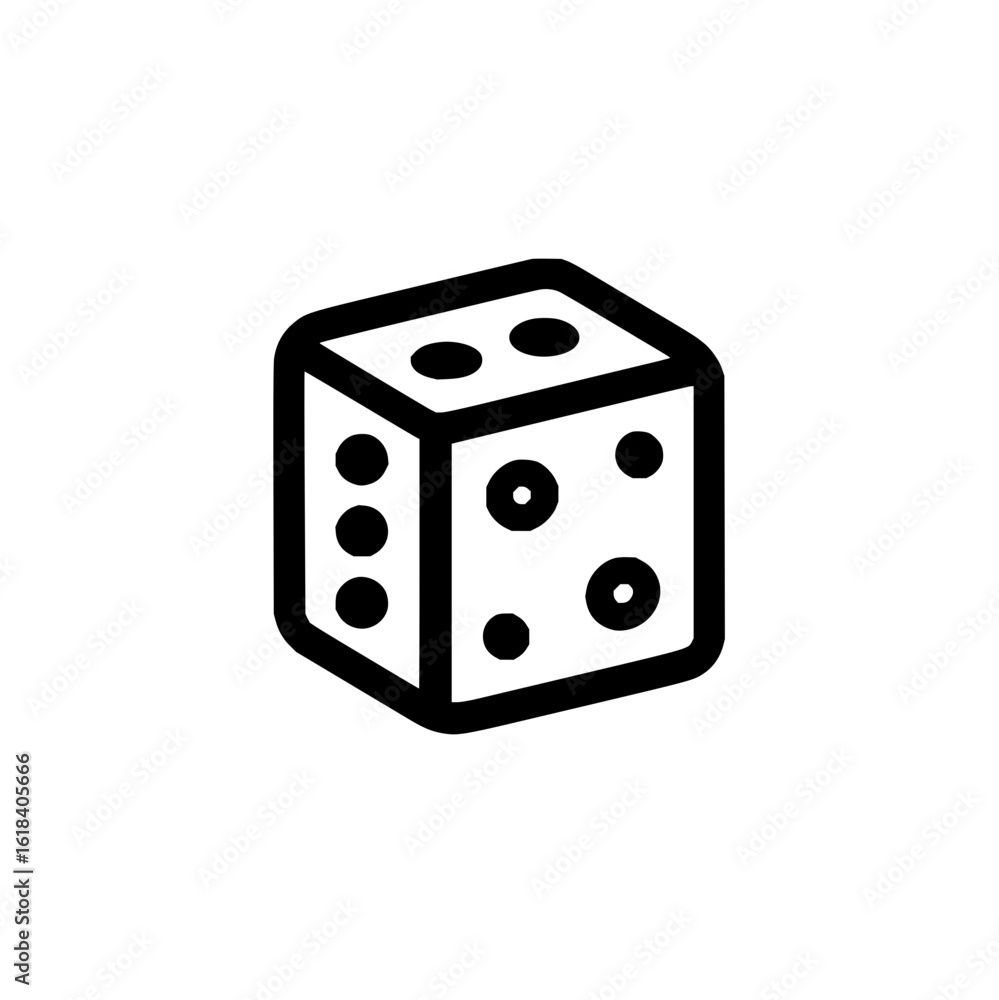 Poster illustration of a single black and white die with rounded edges showing three different sides and pi