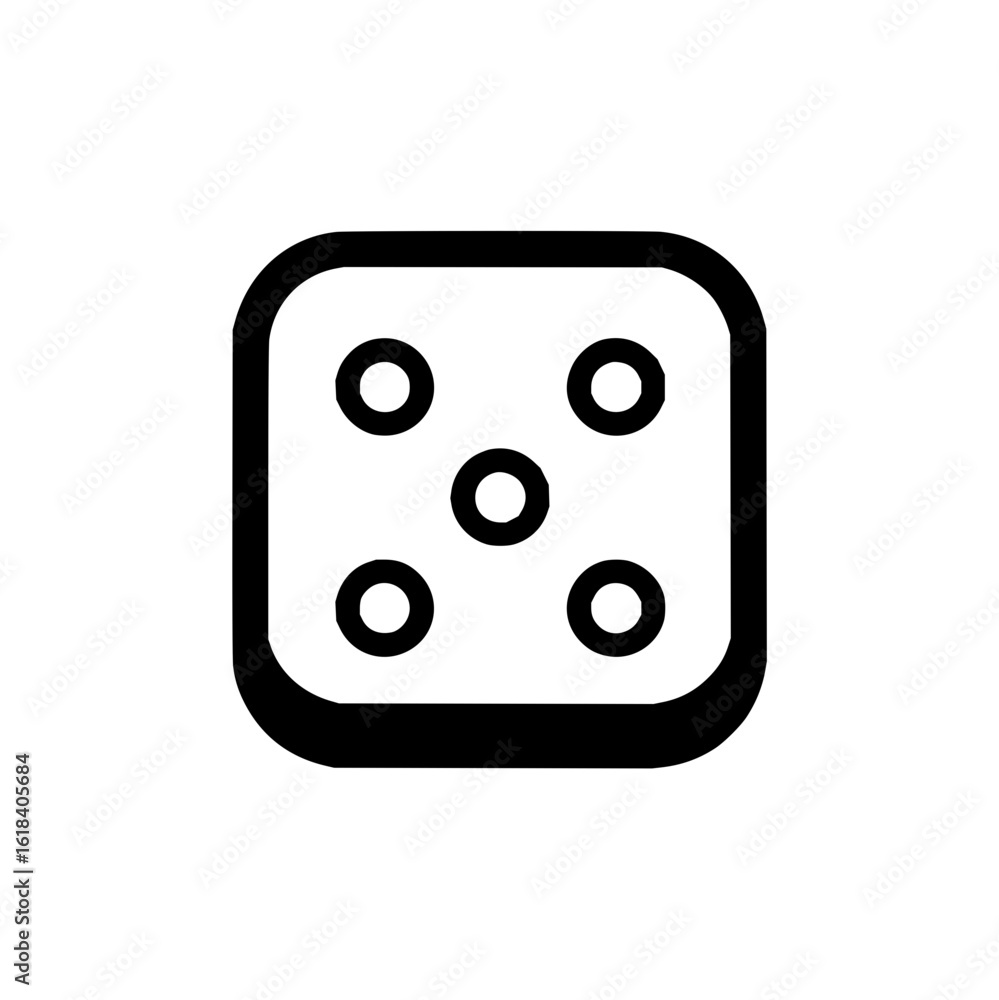 Poster a simple black outline drawing of a dice with five pips arranged in a standard pattern on a white ba