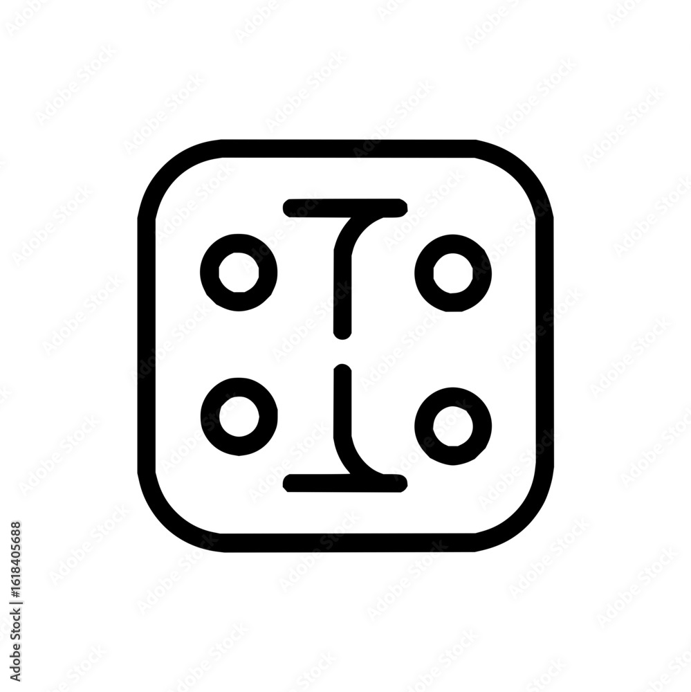 Poster illustration of a rounded square with four circles and two rotated t shapes in black outline style