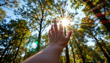 close up of hand reaching toward sun rays through trees highlighting nature appreciation and mindful living