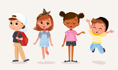 Set of school kids. Set of preschoolers children, teenagers, characters in different poses, clothes, wear. Children fashion models. Kids apparel. Cute children.