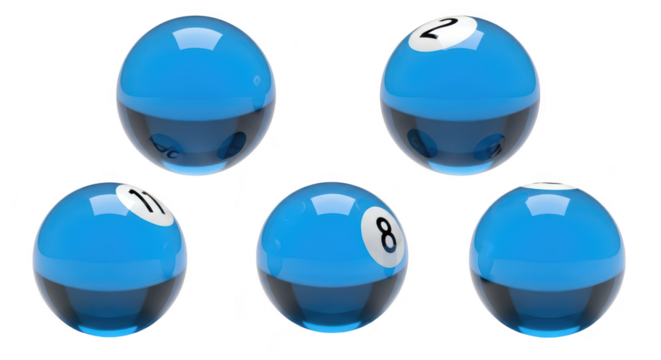 Five transparent blue billiard balls with different numbers on a white backdrop suggesting game strategy or concepts of order/choice