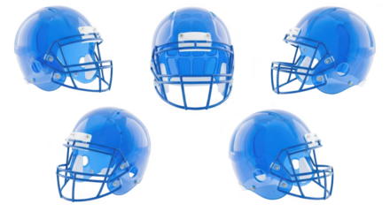 Transparent blue football helmets arranged on white surface different angles suggesting protection design concept and athletic equipment usage