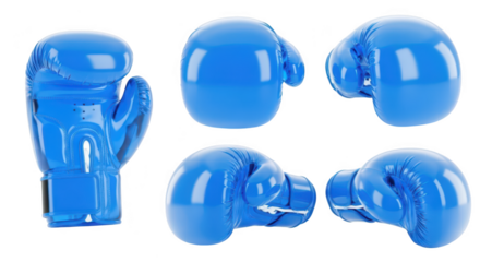 Blue boxing gloves isolated on a white background displaying different angles for athletic training fight or sports design