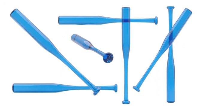 Blue transparent baseball bats arranged on white background for sports concept design elements or creative visual content