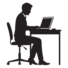 Person Sitting at Office Desk Working on Laptop Computer – Clean Vector Design Showing Professional Environment, Ideal for Business Presentations, Tech Advertisements, and Remote Work Visuals
