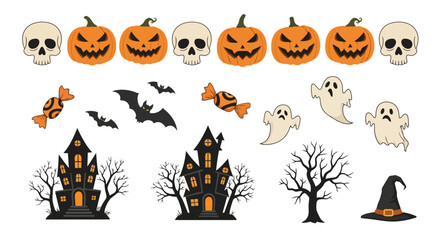 Spooky Halloween Vector Set: Pumpkins, Ghosts, and Haunted Houses