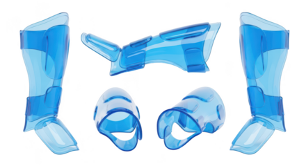 Transparent blue medical splints displayed on a white background showcasing various angles for orthopedic support and injury recovery