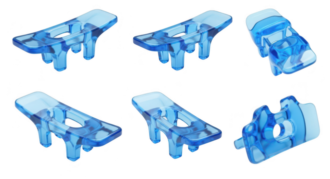 Six transparent blue plastic medical parts are arranged on a white surface for product photography showcasing varied angles