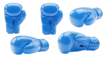 Blue boxing gloves set isolated on white showing different views for sports fitness and exercise concepts