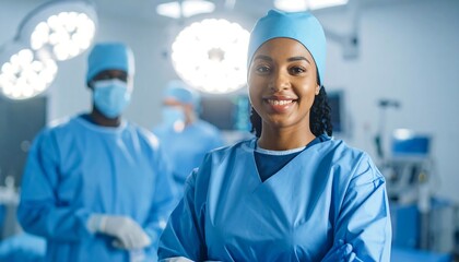 Smiling Surgeon in Operating Room with Team and Bright Overhead Lights