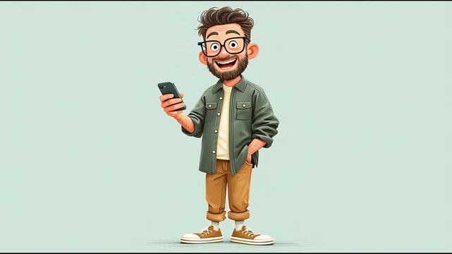 Confident, smiling 3d illustration character man with beard, friendly casual full figure standing holding smartphone