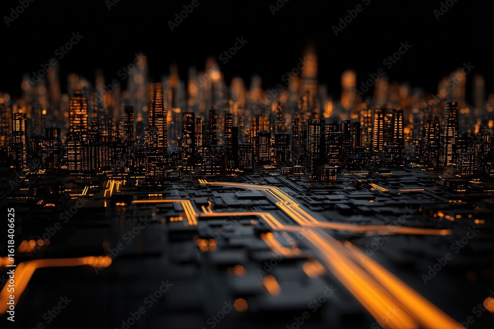 Poster a futuristic cityscape illuminated by glowing circuits, blending technology and urban architecture i
