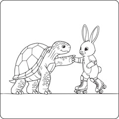 Turtle helping bunny on roller skates – cute black and white cartoon illustration of forest animals showing friendship and support, perfect for kids’ coloring pages
