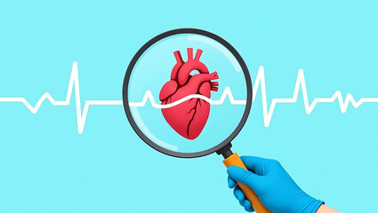 Red Heart Examined Through Magnifying Glass with E K G Line