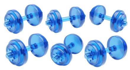 Blue transparent dumbbells arranged on white suggesting fitness workout weight training health and exercise