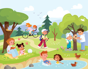 Family and children kids enjoys picnic in summer day walk through the park. Children swim, have fun outdoors. Kids and parents feed the wildlife enjoying the nature together. Kids swimming in a pound