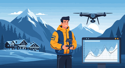 Man Piloting Drone In Mountain Landscape With Data Analysis Displayed